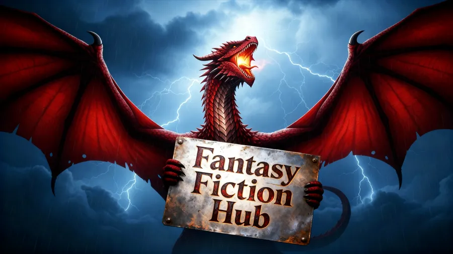 Red dragon with the inscription Fantasy Fiction Hub